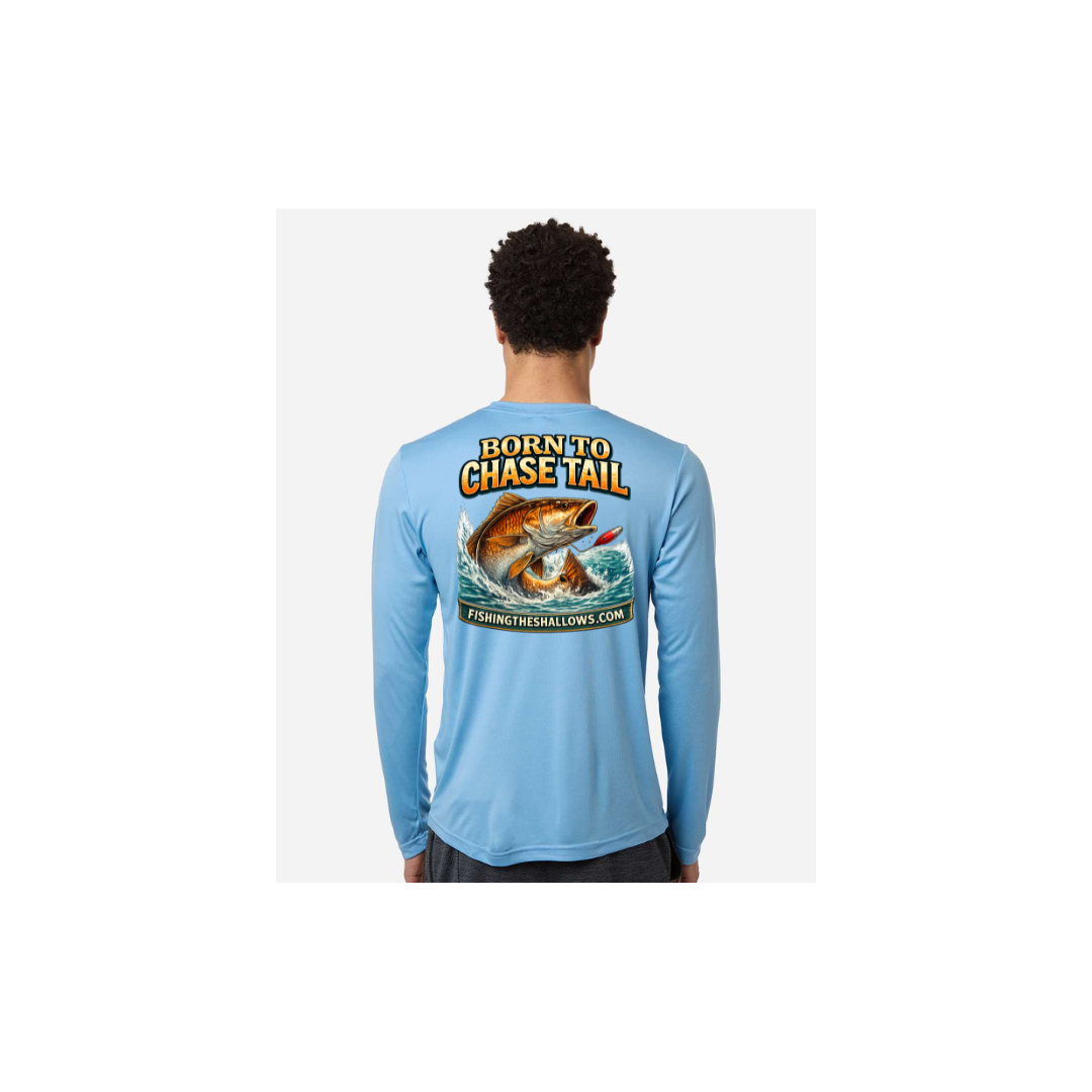 Born To Chase LS in Columbia Blue, back view - mens long sleeve performance fishing shirt by Fishing The Shallows