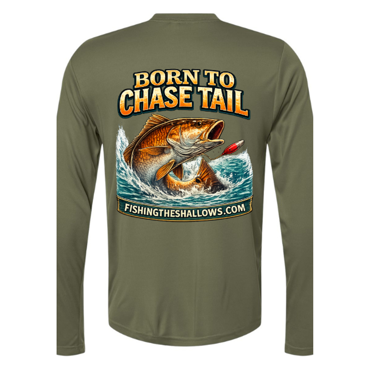 Born To Chase LS in Military Green, back view - mens long sleeve performance fishing shirt by Fishing The Shallows