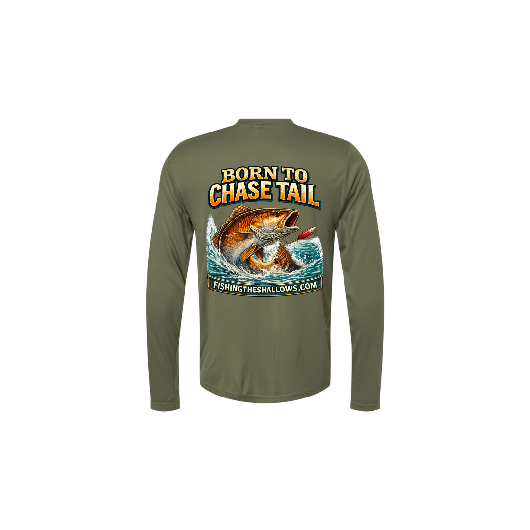 Born To Chase LS in Military Green, back view - mens long sleeve performance fishing shirt by Fishing The Shallows