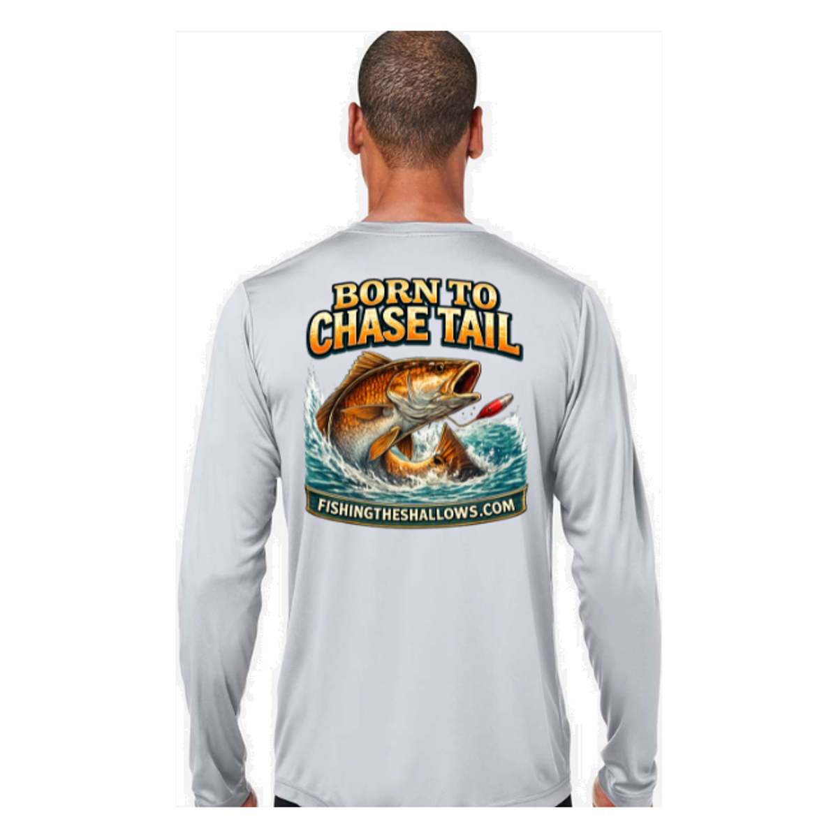 Born To Chase LS in Platinum, back view - mens long sleeve performance fishing shirt by Fishing The Shallows