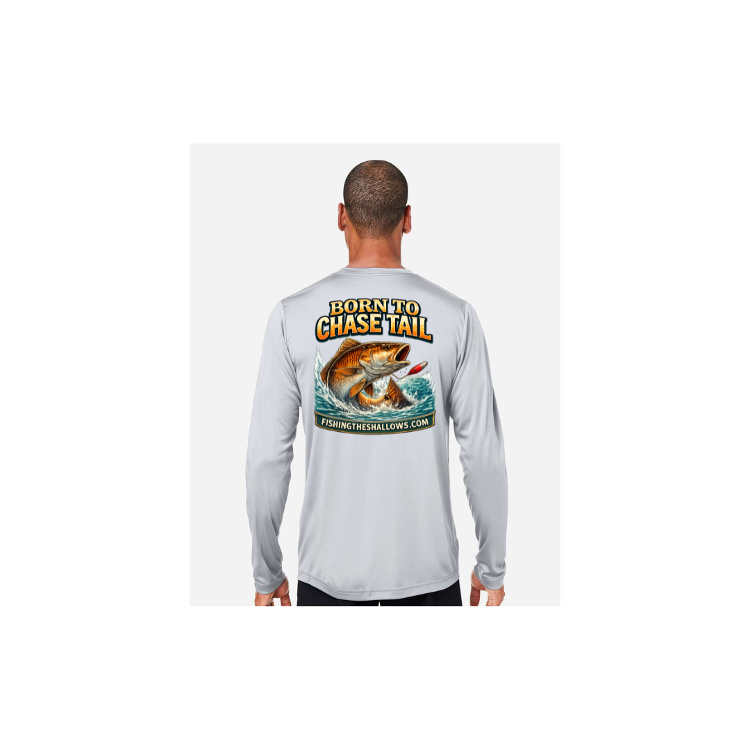 Born To Chase LS in Platinum, back view - mens long sleeve performance fishing shirt by Fishing The Shallows
