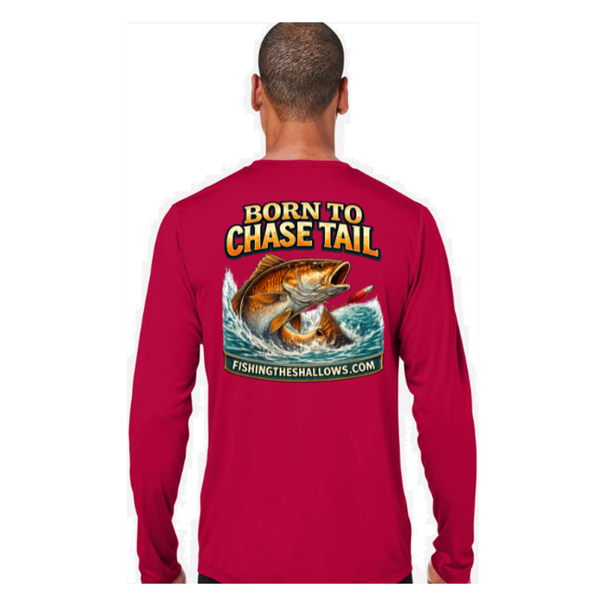 Born To Chase LS in Classic Red, back view - mens long sleeve performance fishing shirt by Fishing The Shallows