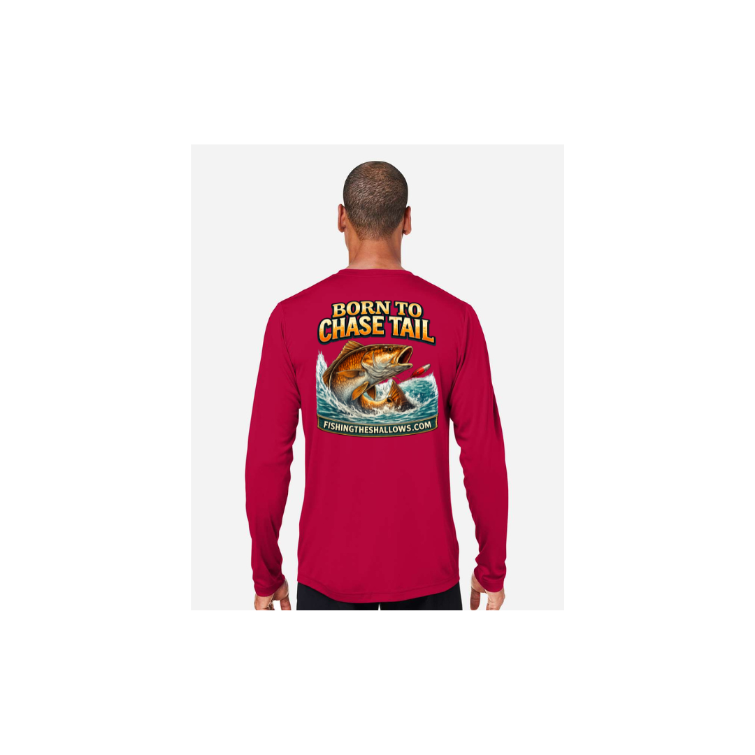 Born To Chase LS in Classic Red, back view - mens long sleeve performance fishing shirt by Fishing The Shallows