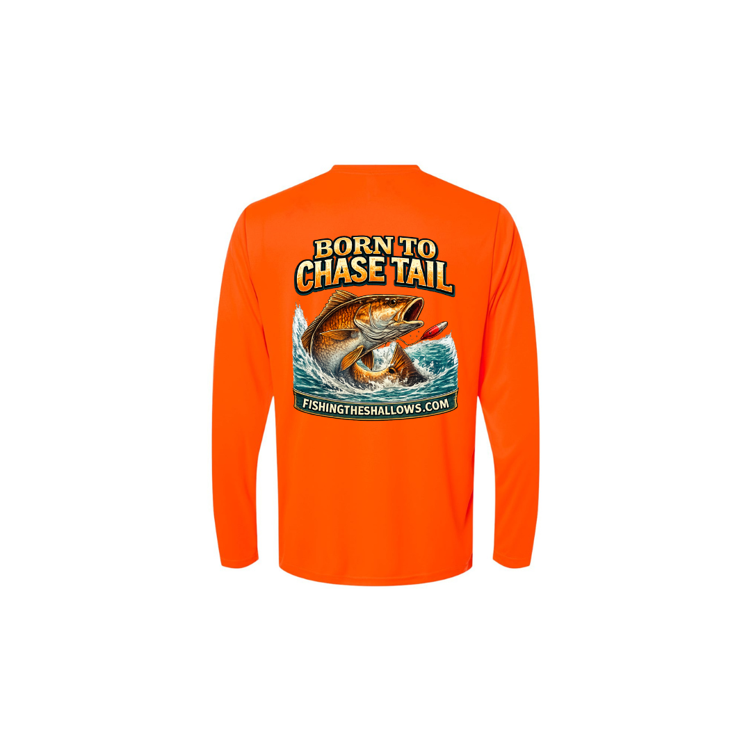 Born To Chase LS in Safety Orange, back view - mens long sleeve performance fishing shirt by Fishing The Shallows