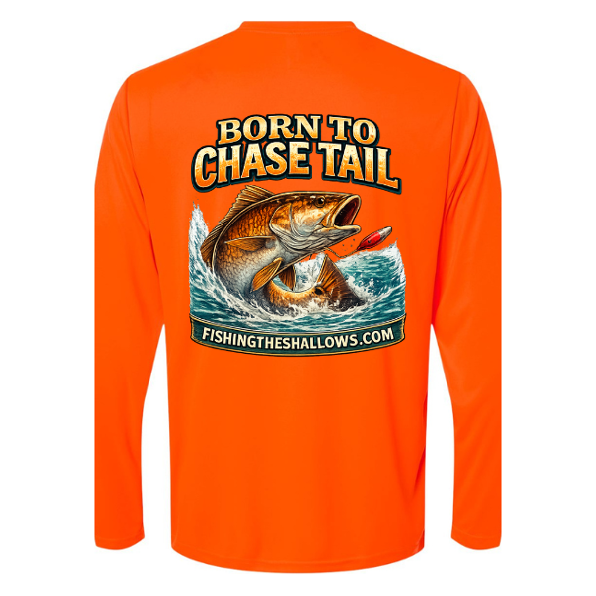Born To Chase LS in Safety Orange, back view - mens long sleeve performance fishing shirt by Fishing The Shallows