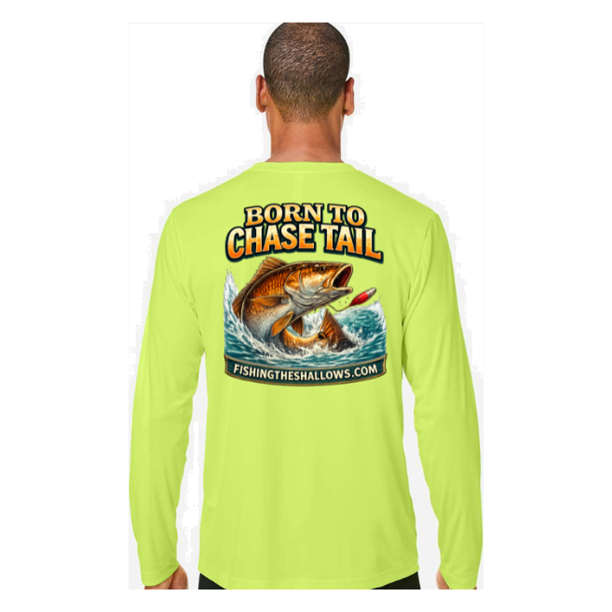 Born To Chase LS in Safety Yellow, back view - mens long sleeve performance fishing shirt by Fishing The Shallows