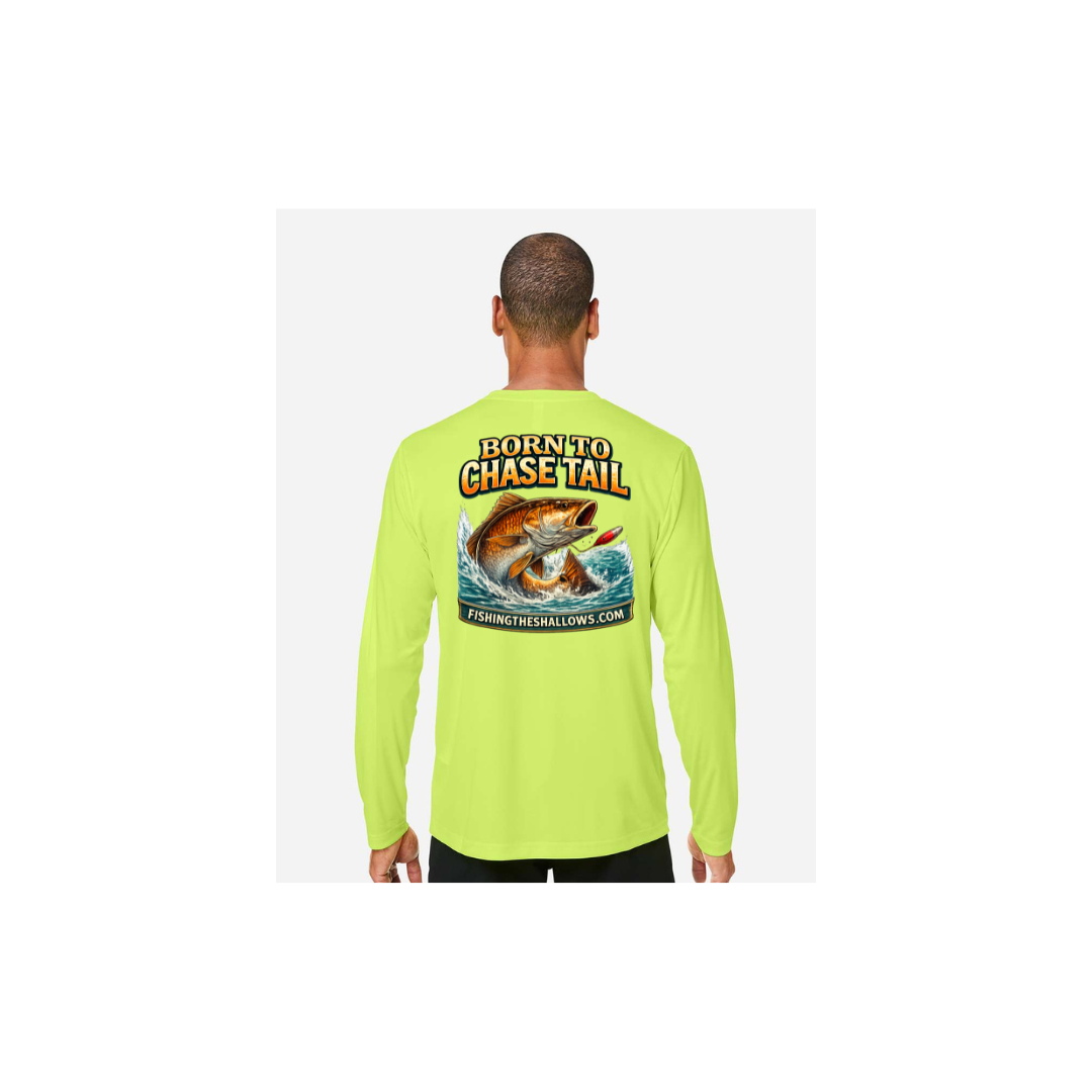 Born To Chase LS in Safety Yellow, back view - mens long sleeve performance fishing shirt by Fishing The Shallows