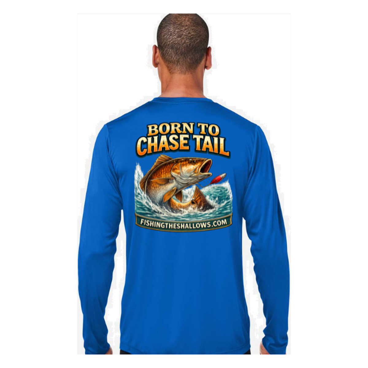 Born To Chase LS in True Royal, back view - mens long sleeve performance fishing shirt by Fishing The Shallows