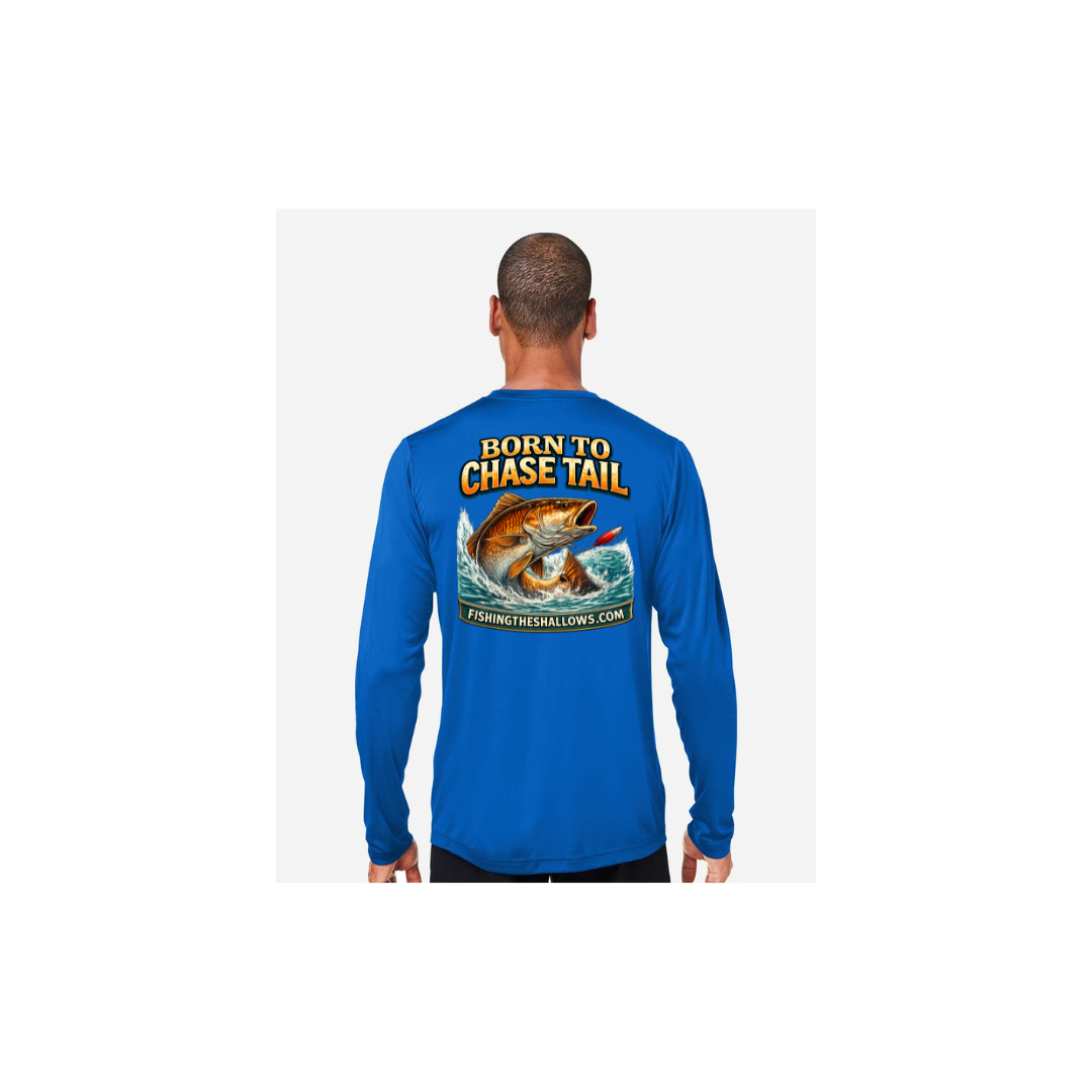 Born To Chase LS in True Royal, back view - mens long sleeve performance fishing shirt by Fishing The Shallows