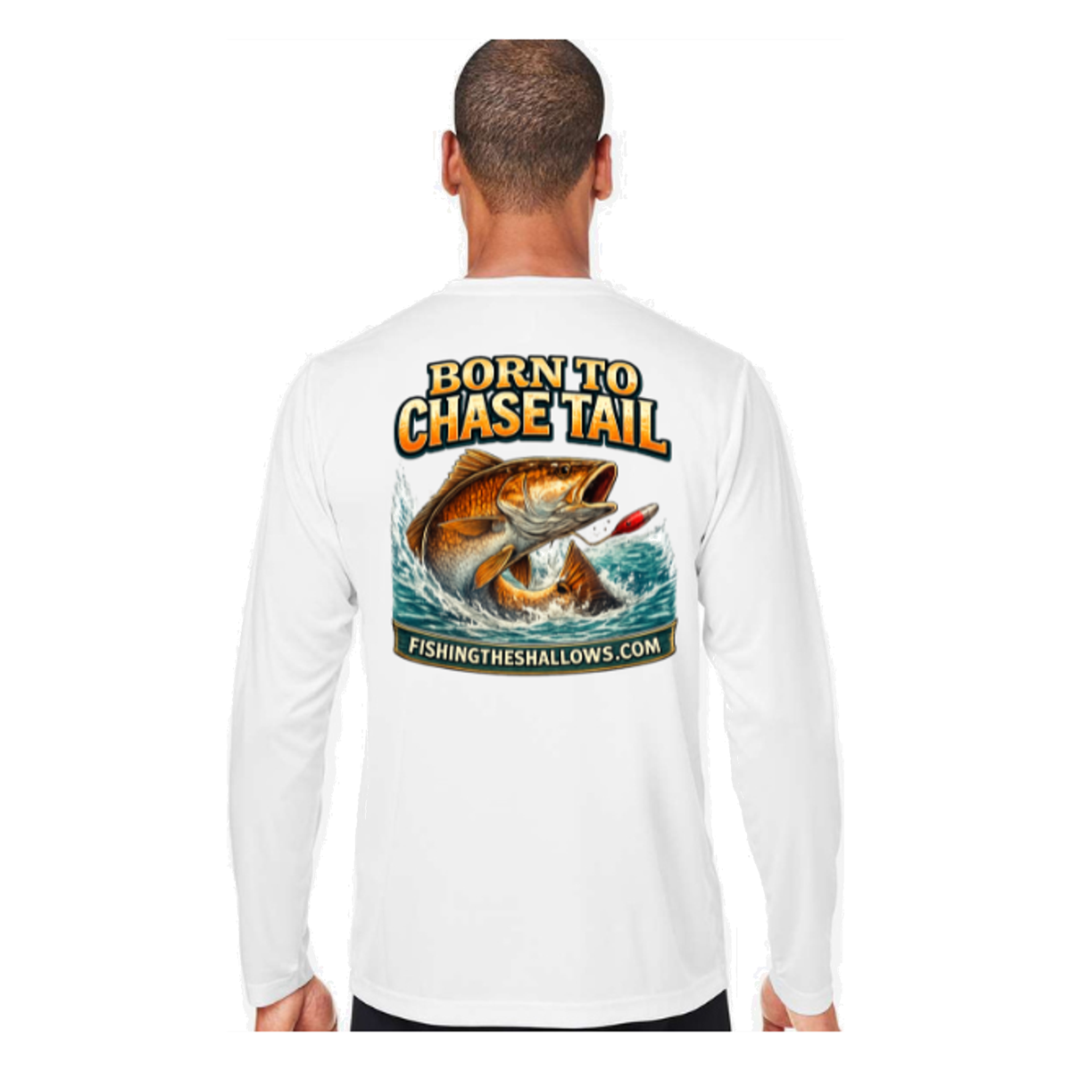 Born To Chase LS in White, back view - mens long sleeve performance fishing shirt by Fishing The Shallows