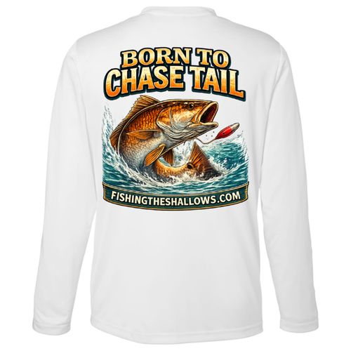 Born To Chase LS in White, back view - mens long sleeve performance fishing shirt by Fishing The Shallows