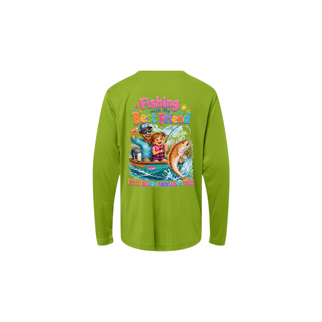 Best Friend Fishing – Girls Long Sleeve in Acid Green - back view