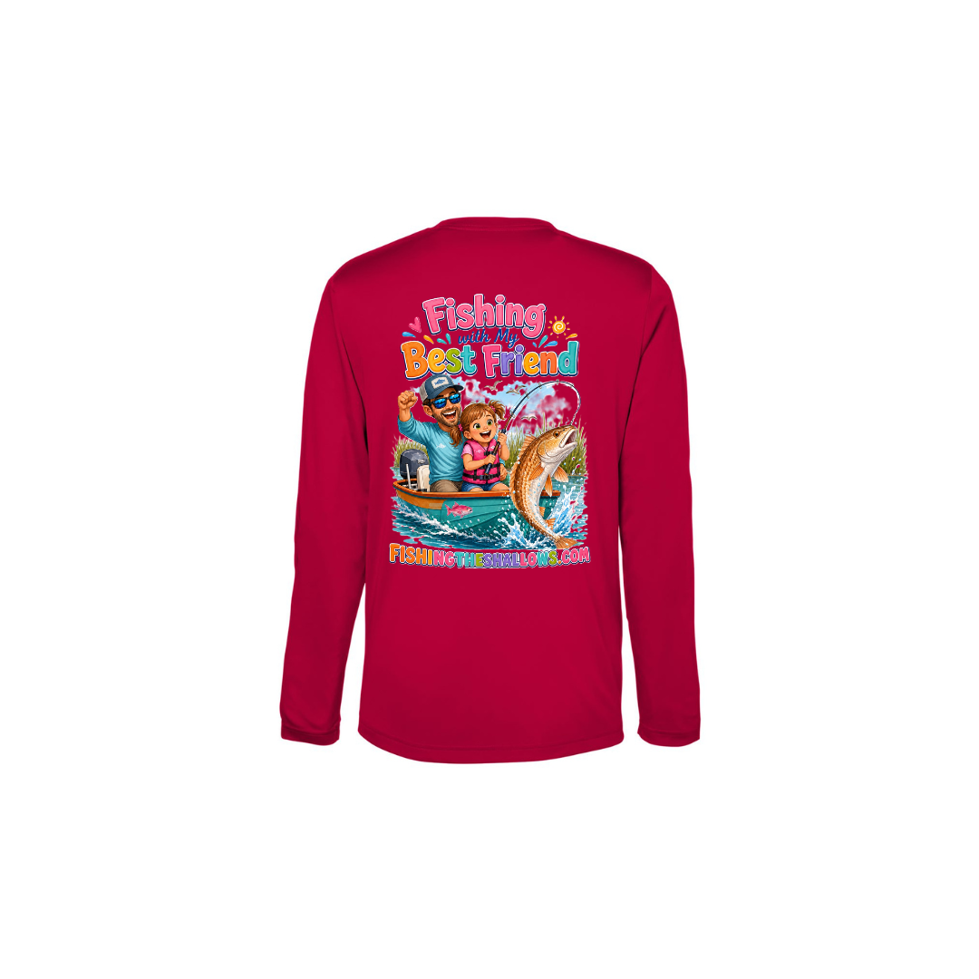 Best Friend Fishing – Girls Long Sleeve in Classic Red - back view