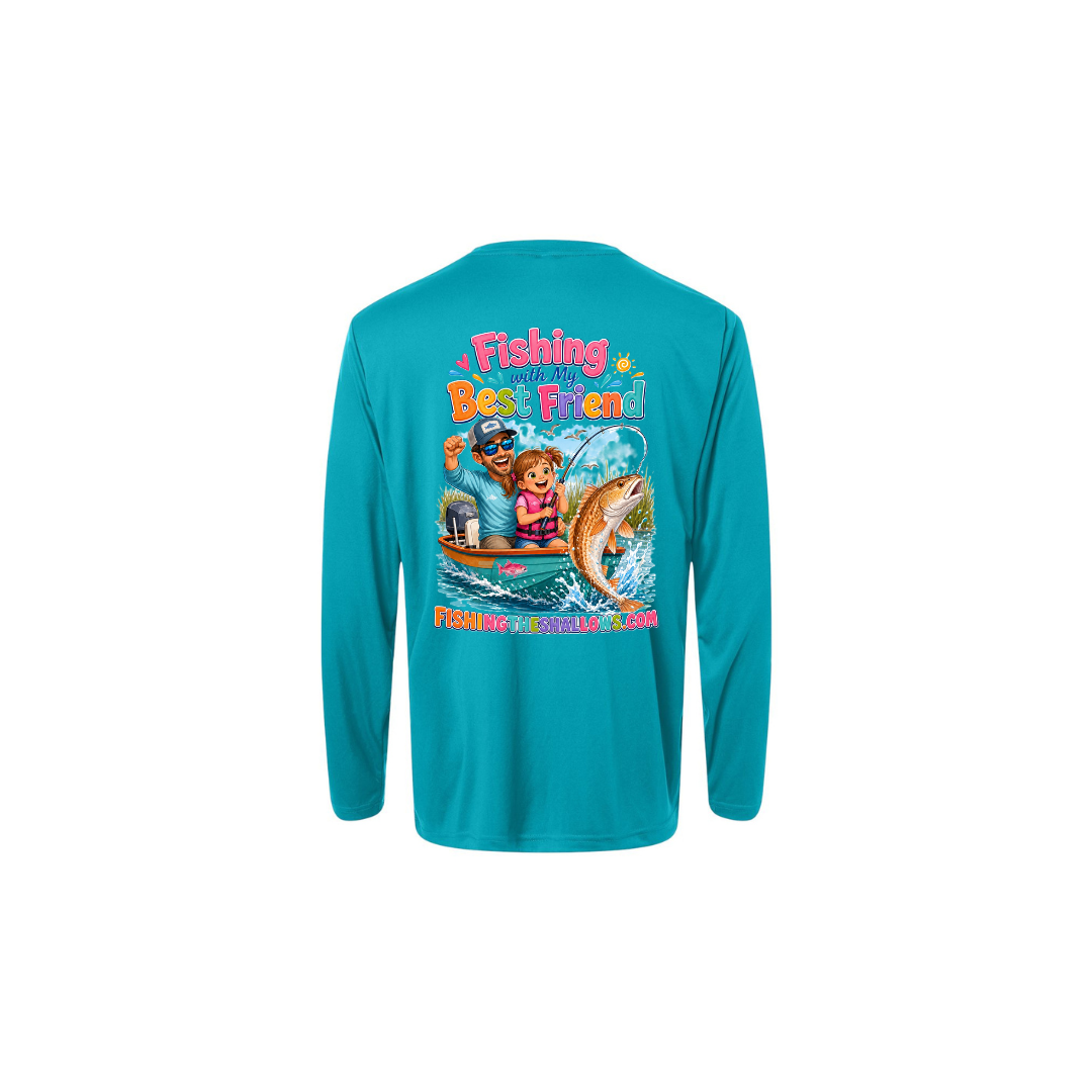 Best Friend Fishing – Girls Long Sleeve in Clear Teal - back view