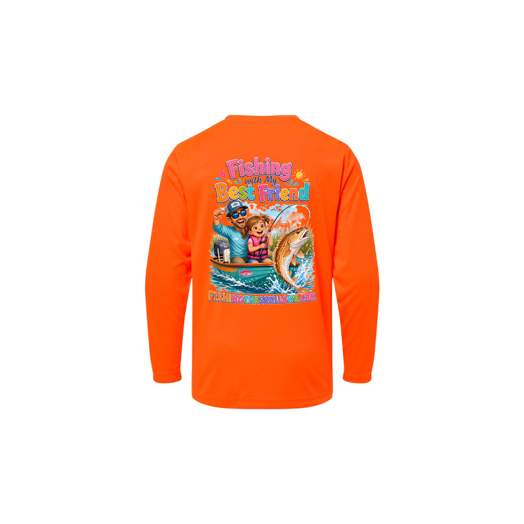 Best Friend Fishing – Girls Long Sleeve in Safety Orange - back view
