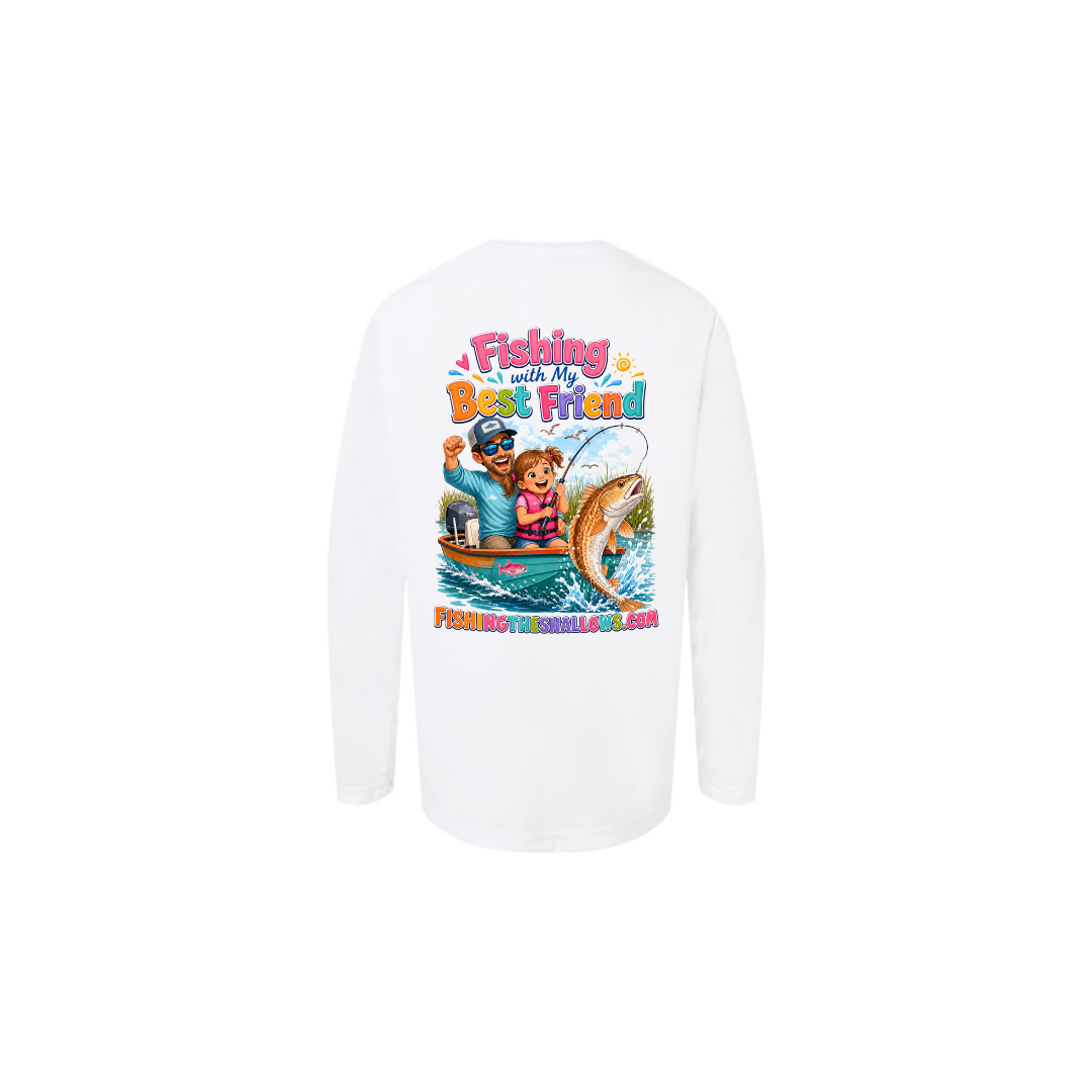 Best Friend Fishing – Girls Long Sleeve in White - back view