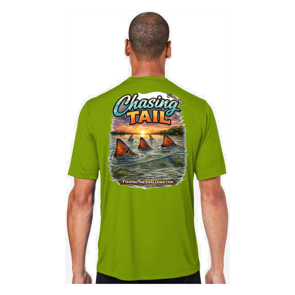 Chasing Tail SS in Acid Green, back view - mens short sleeve performance fishing shirt by Fishing The Shallows