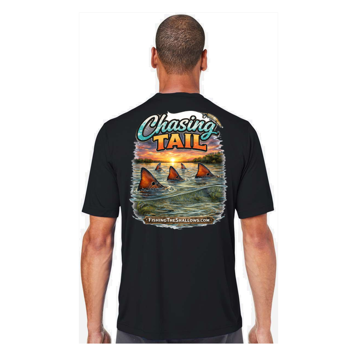 Chasing Tail SS in Black, back view - mens short sleeve performance fishing shirt by Fishing The Shallows
