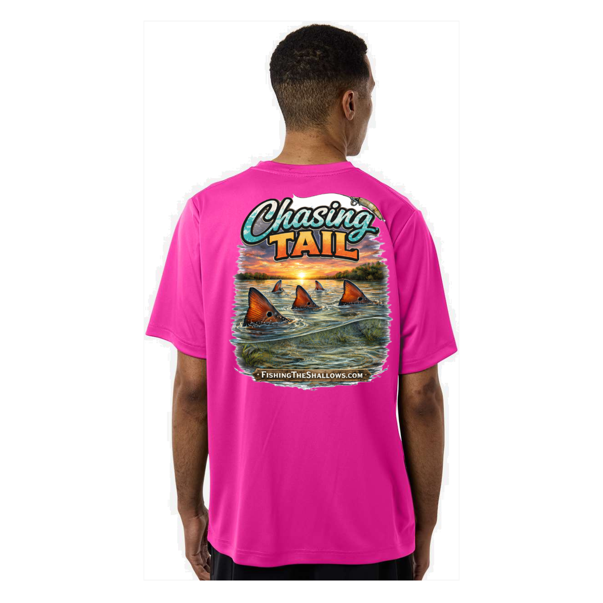 Chasing Tail SS in Bright Magenta, back view - mens short sleeve performance fishing shirt by Fishing The Shallows