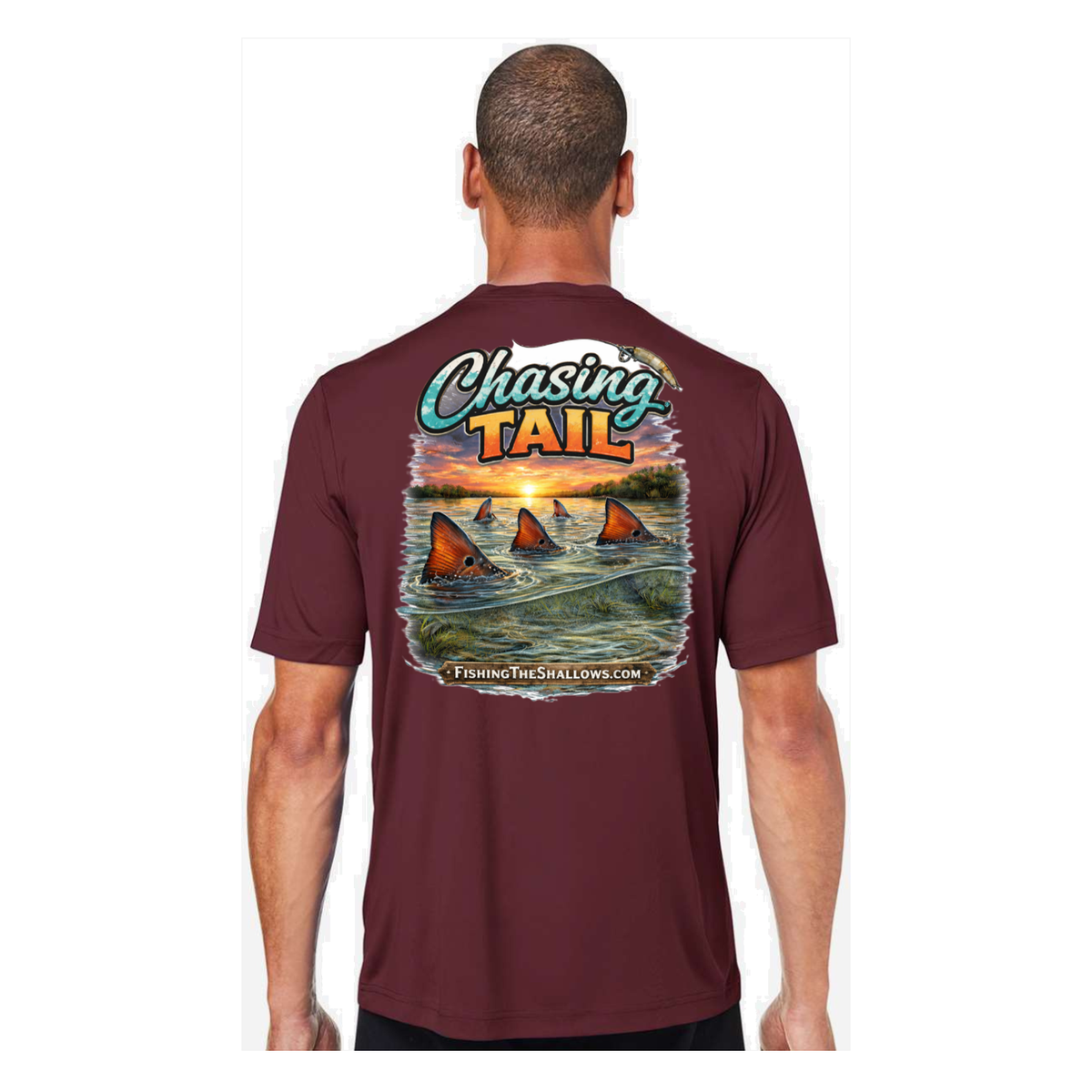 Chasing Tail SS in Burgundy, back view - mens short sleeve performance fishing shirt by Fishing The Shallows