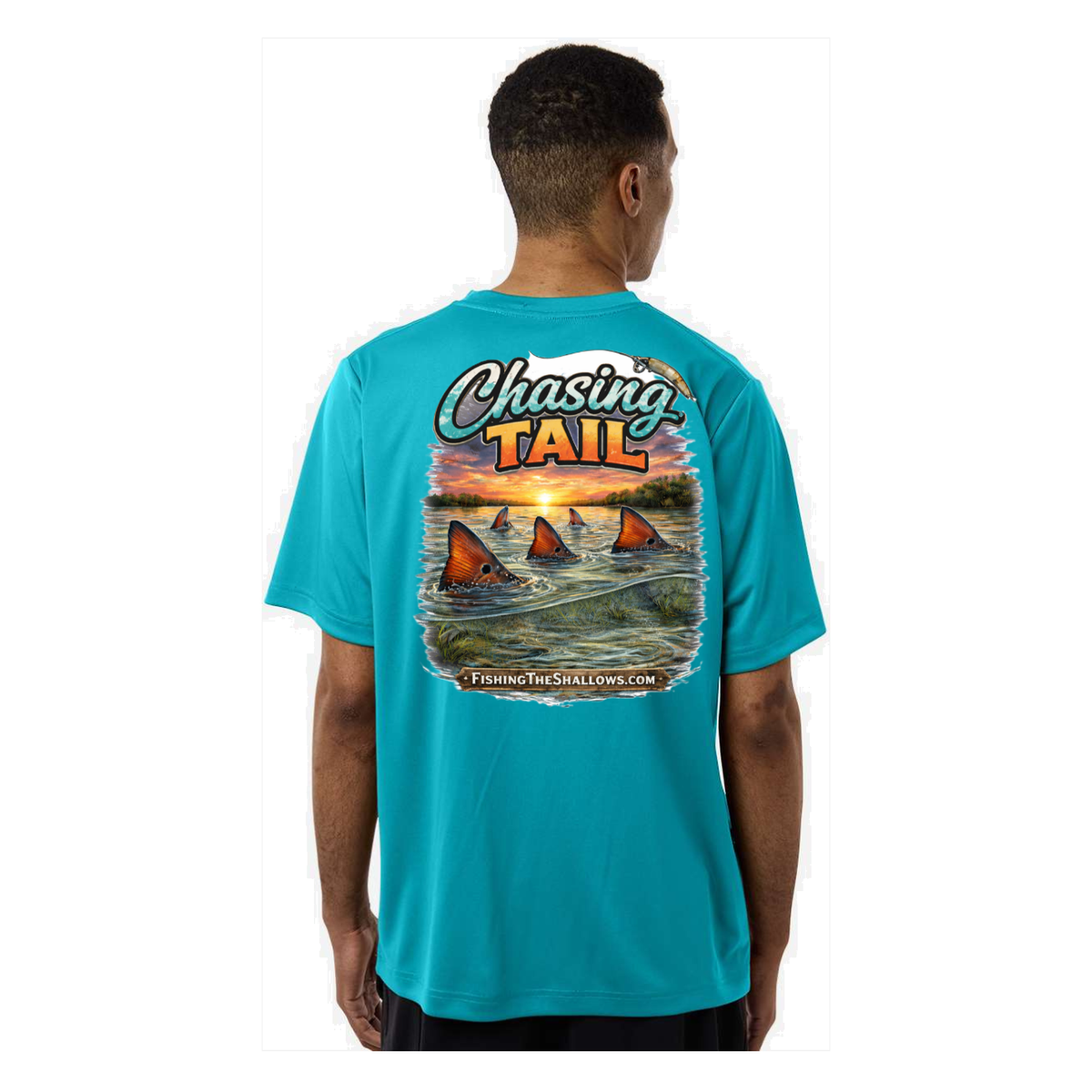 Chasing Tail SS in Clear Teal, back view - mens short sleeve performance fishing shirt by Fishing The Shallows