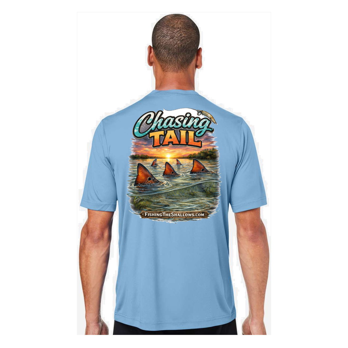 Chasing Tail SS in Columbia Blue, back view - mens short sleeve performance fishing shirt by Fishing The Shallows