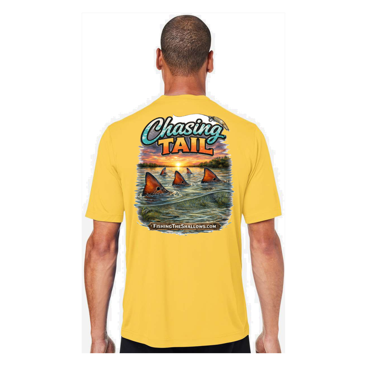 Chasing Tail SS in Campus Gold, back view - mens short sleeve performance fishing shirt by Fishing The Shallows
