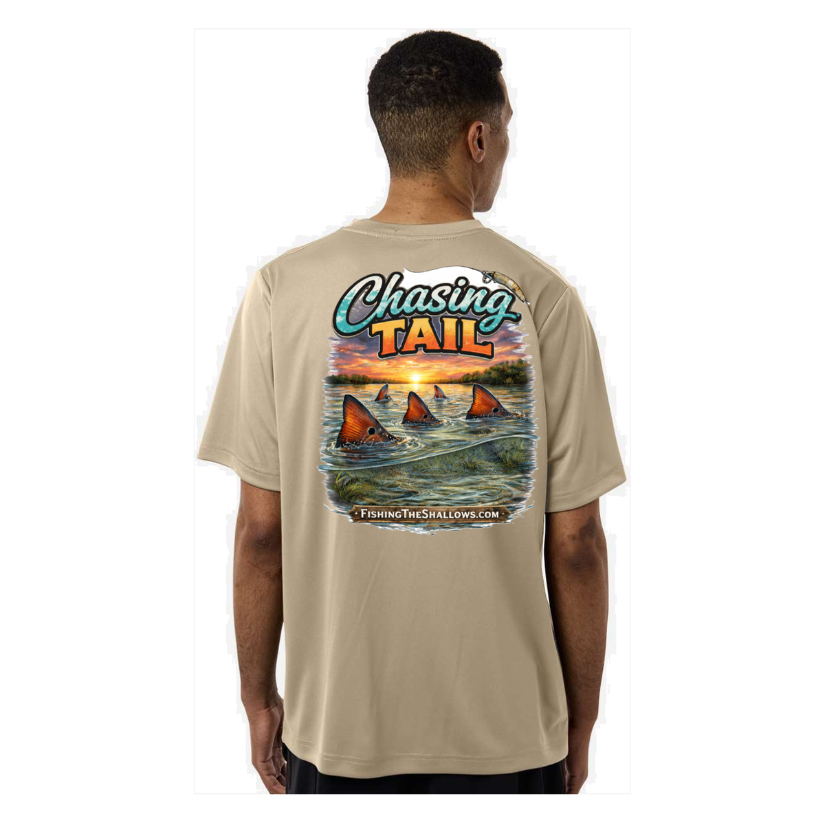 Chasing Tail SS in Desert Kahki, back view - mens short sleeve performance fishing shirt by Fishing The Shallows