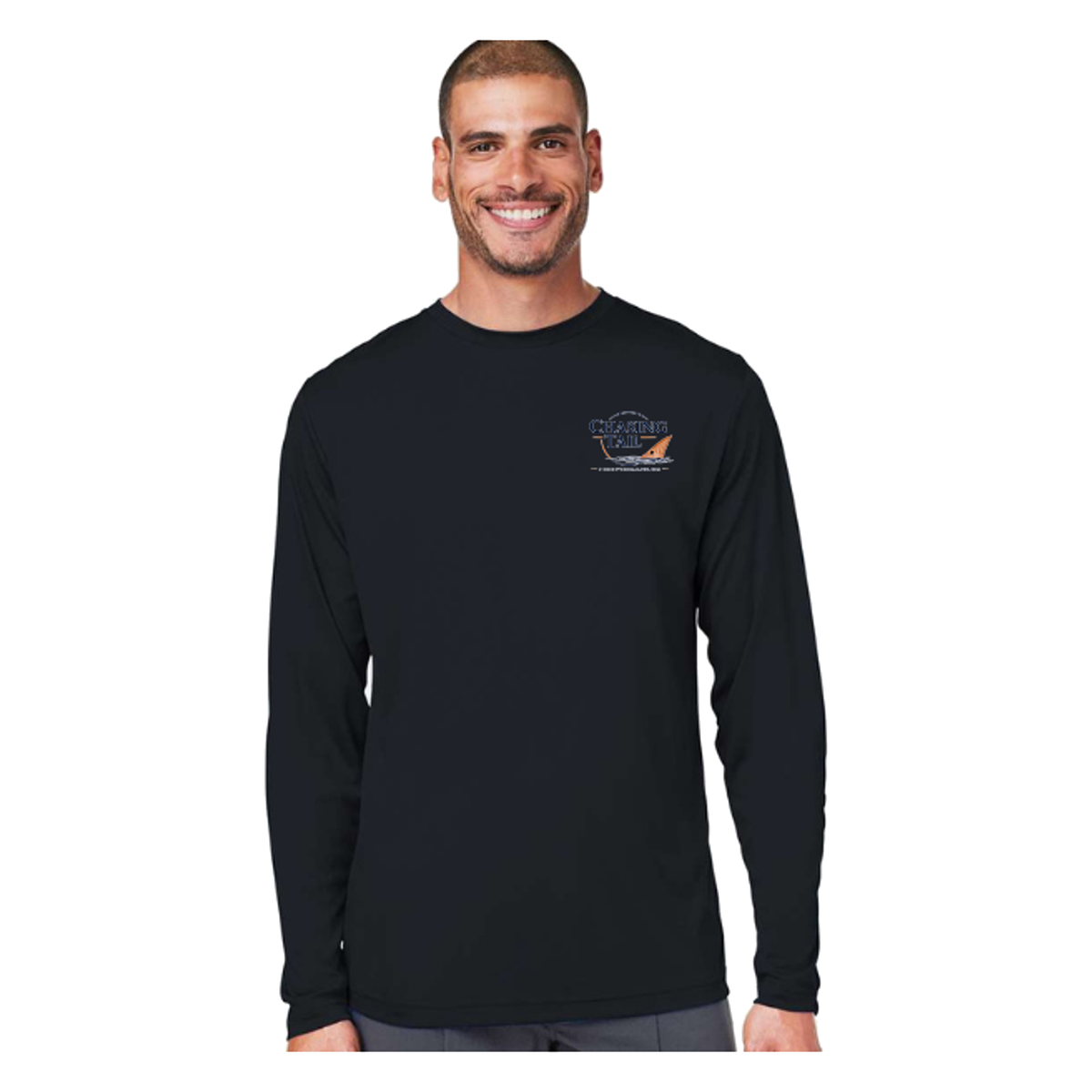 Diving Redfish LS in Black, front view - mens long sleeve performance fishing shirt by Fishing The Shallows