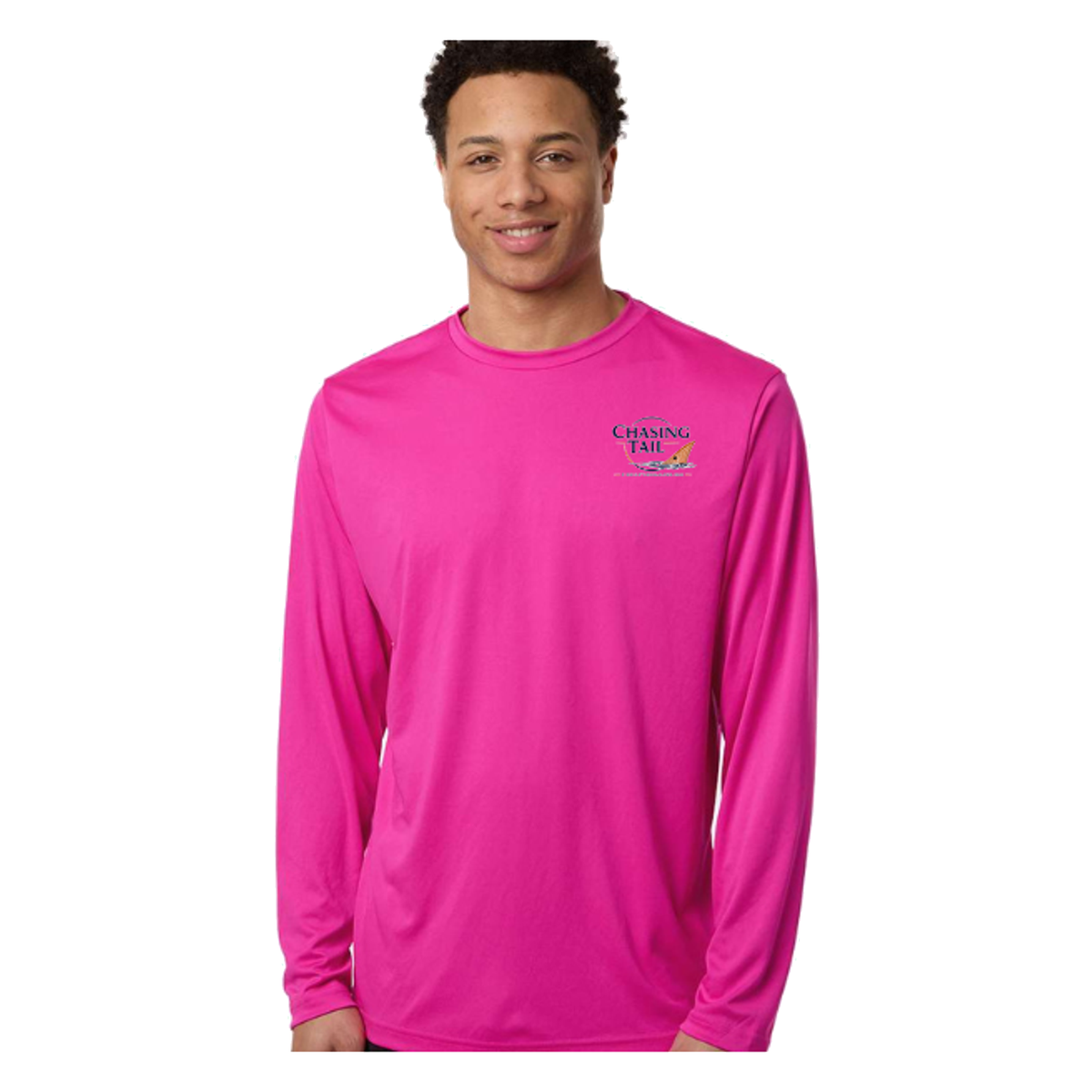 Diving Redfish LS in Bright Magenta, front view - mens long sleeve performance fishing shirt by Fishing The Shallows