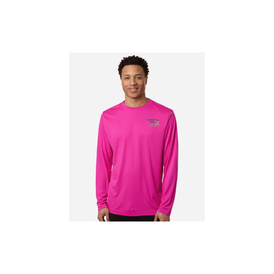 Master Baiter While Chasing Tail – Men's Long Sleeve in Bright Magenta - front logo view