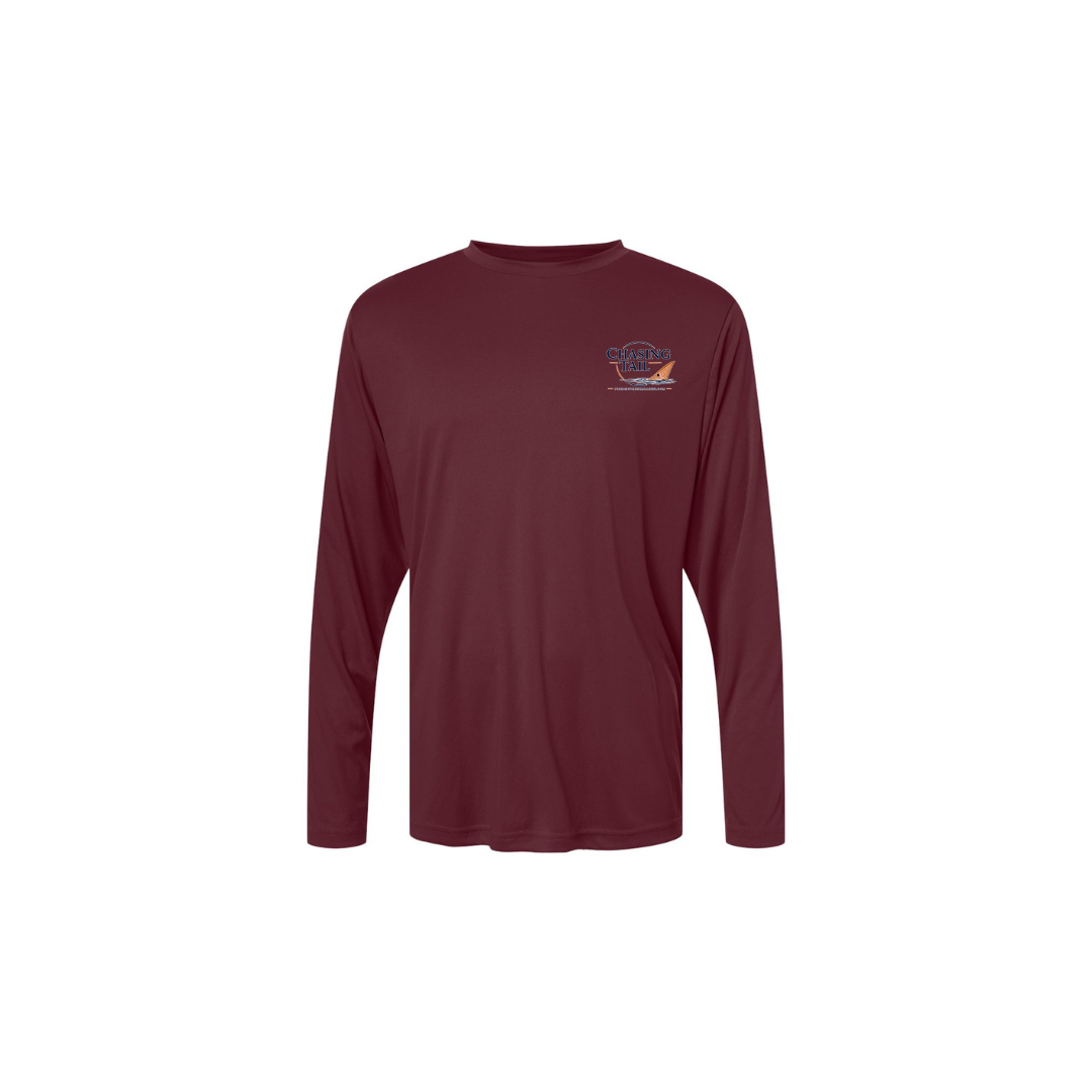 His Redfish – Men's Long Sleeve in Burgundy - front logo view
