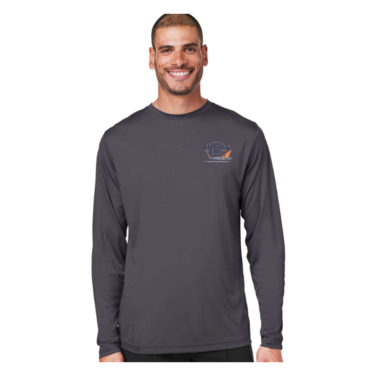 Born To Chase LS in Carbon, front view - mens long sleeve performance fishing shirt by Fishing The Shallows