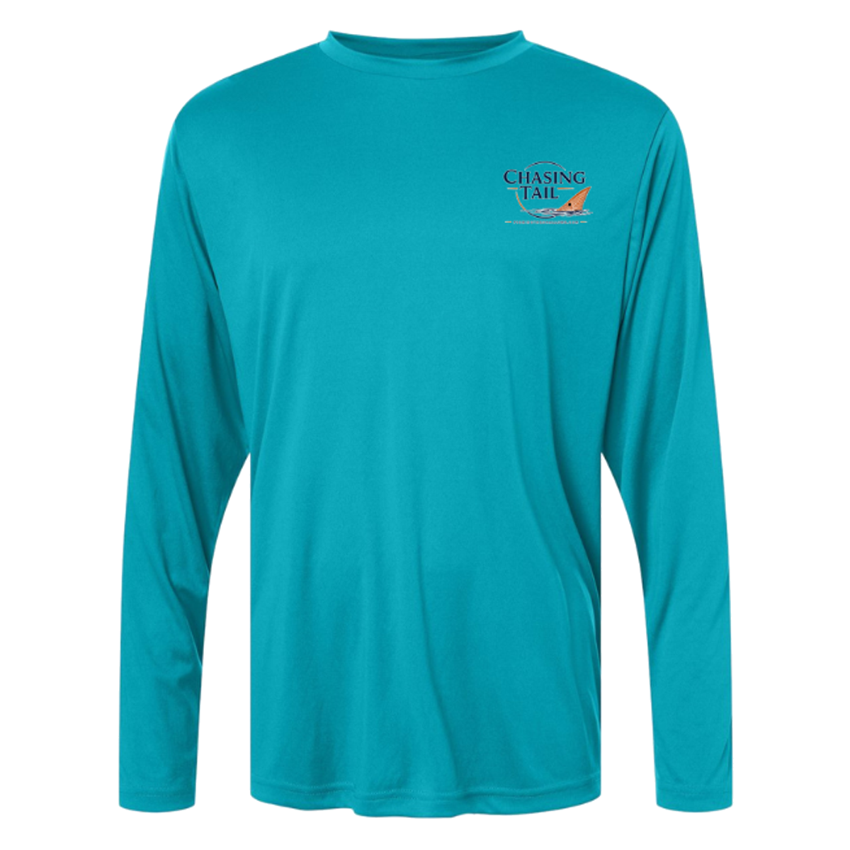 Diving Redfish LS in Clear Teal, front view - mens long sleeve performance fishing shirt by Fishing The Shallows