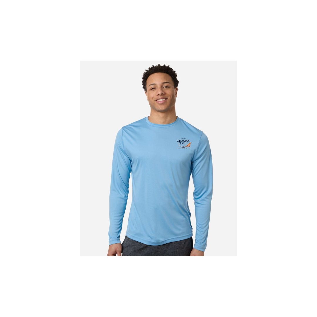 His Redfish – Men's Long Sleeve in Columbia Blue - front logo view