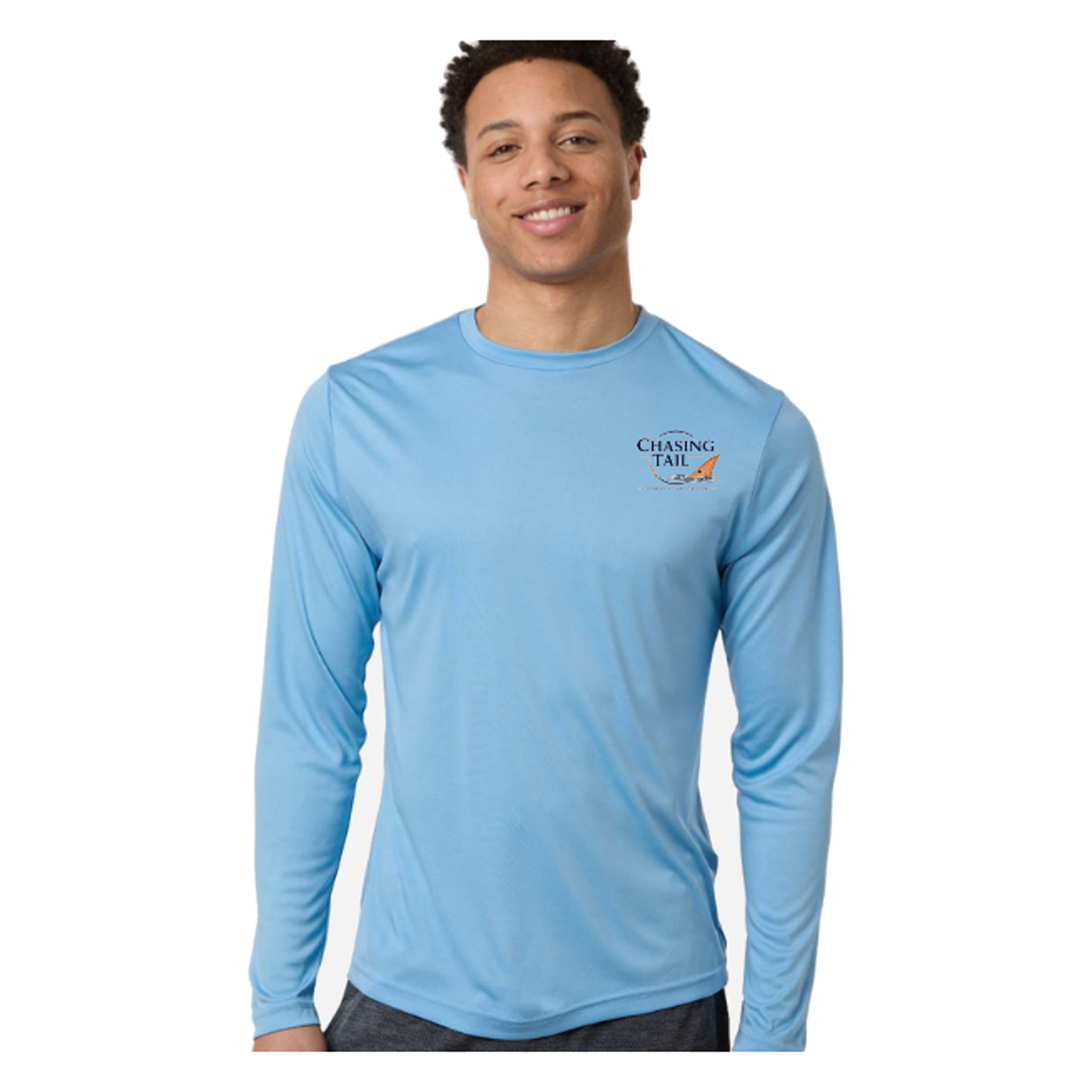 Diving Redfish LS in Columbia Blue, front view - mens long sleeve performance fishing shirt by Fishing The Shallows