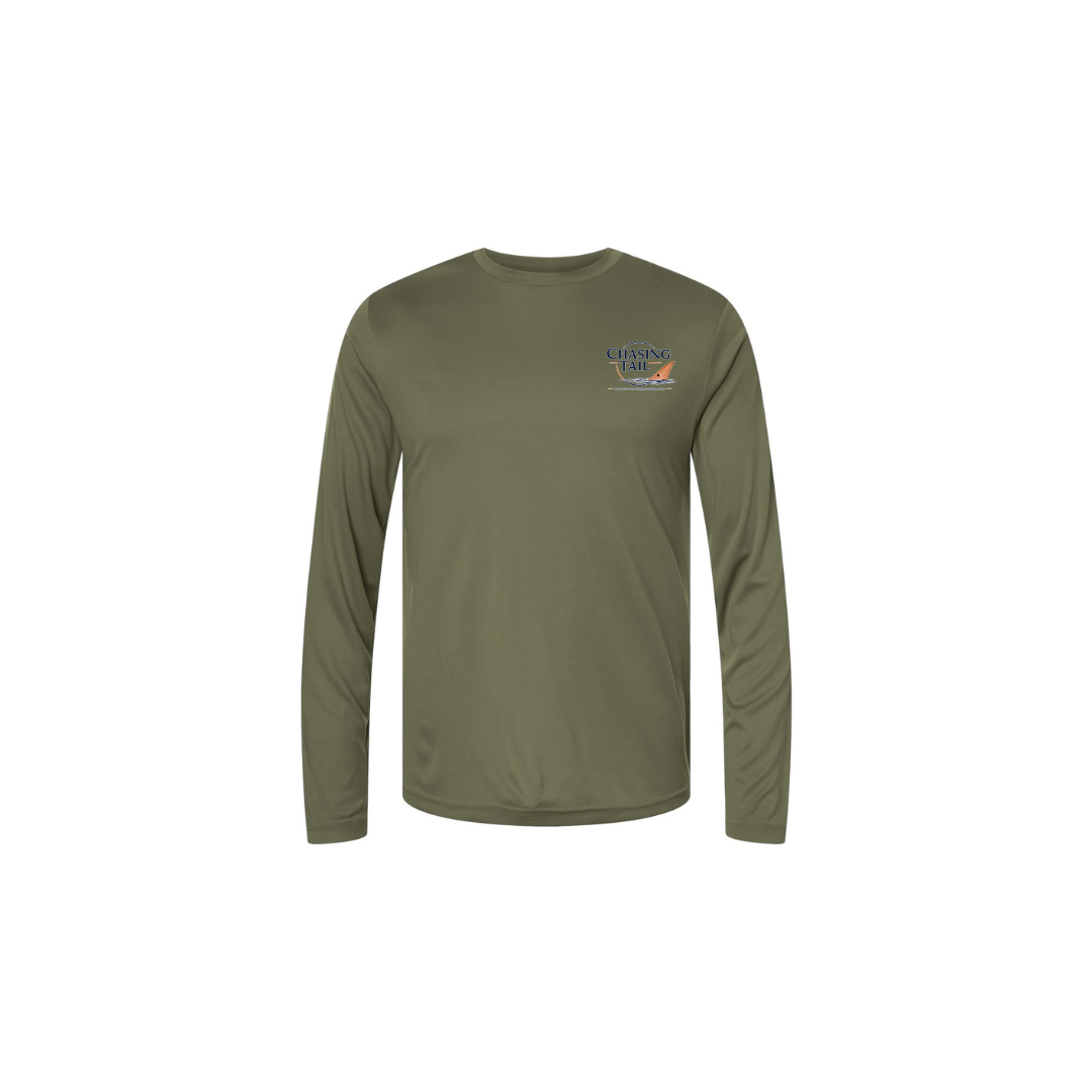 Master Baiter While Chasing Tail – Men's Long Sleeve in Military Green - front logo view