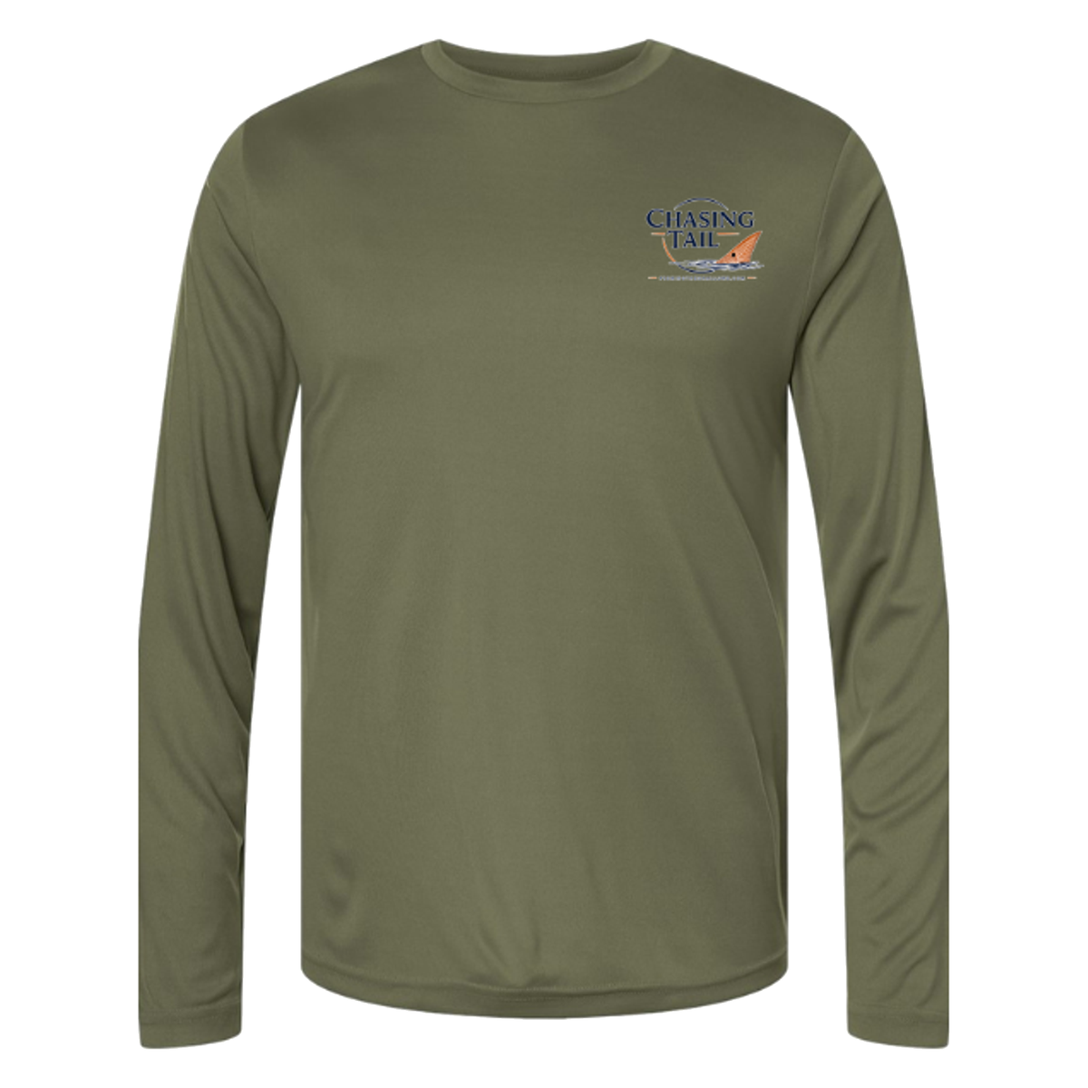 Born To Chase LS in Military Green, front view - mens long sleeve performance fishing shirt by Fishing The Shallows