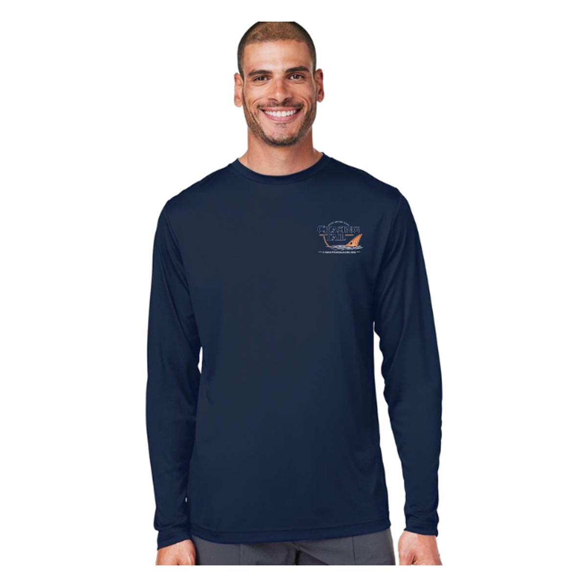 Diving Redfish LS in Classic Navy, front view - mens long sleeve performance fishing shirt by Fishing The Shallows