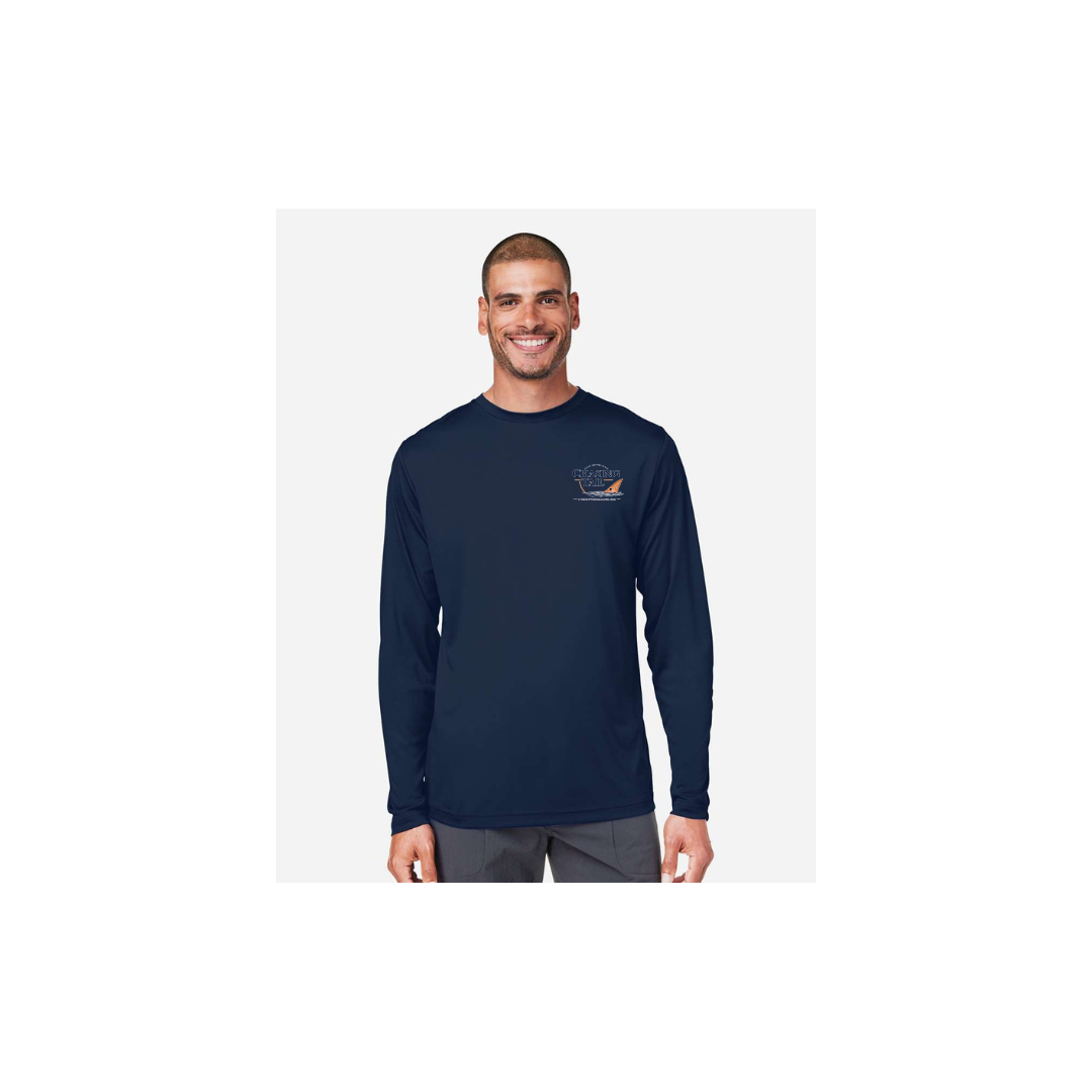 His Redfish – Men's Long Sleeve in Classic Navy - front logo view
