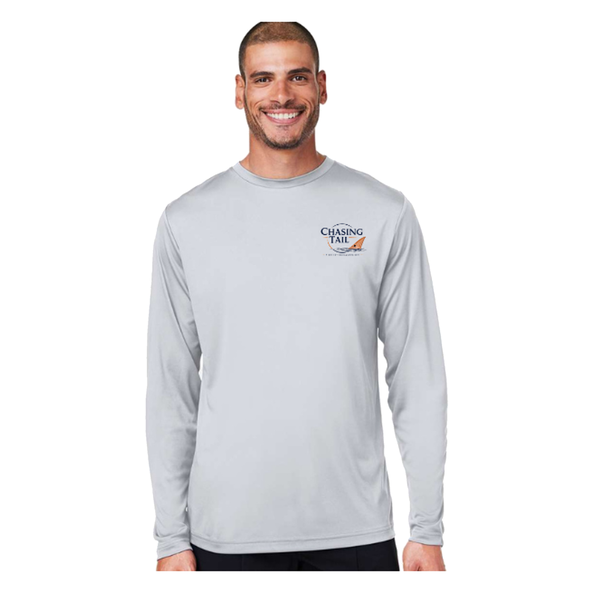 Born To Chase LS in Platinum, front view - mens long sleeve performance fishing shirt by Fishing The Shallows