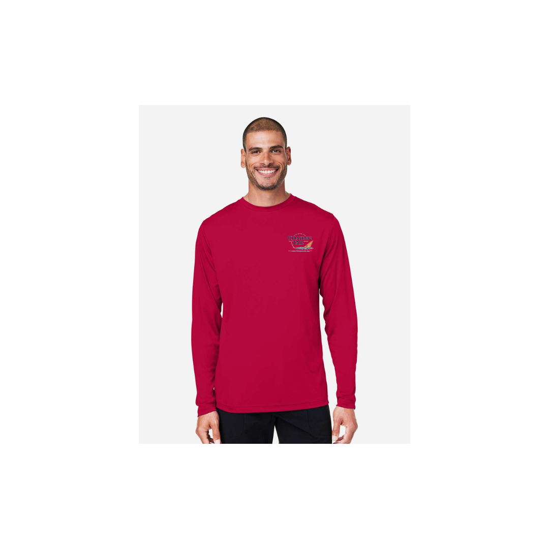 His Redfish – Men's Long Sleeve in Classic Red - front logo view