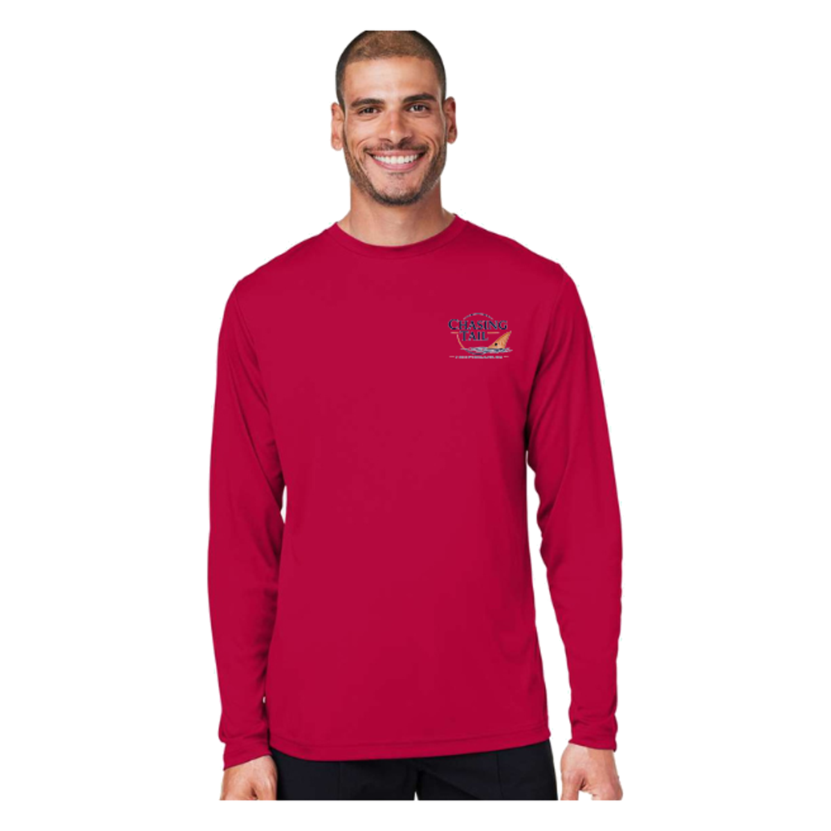 Diving Redfish LS in Classic Red, front view - mens long sleeve performance fishing shirt by Fishing The Shallows