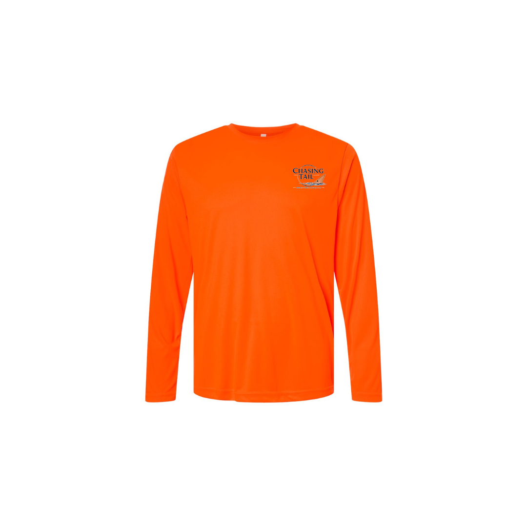 His Redfish – Men's Long Sleeve in Safety Orange - front logo view