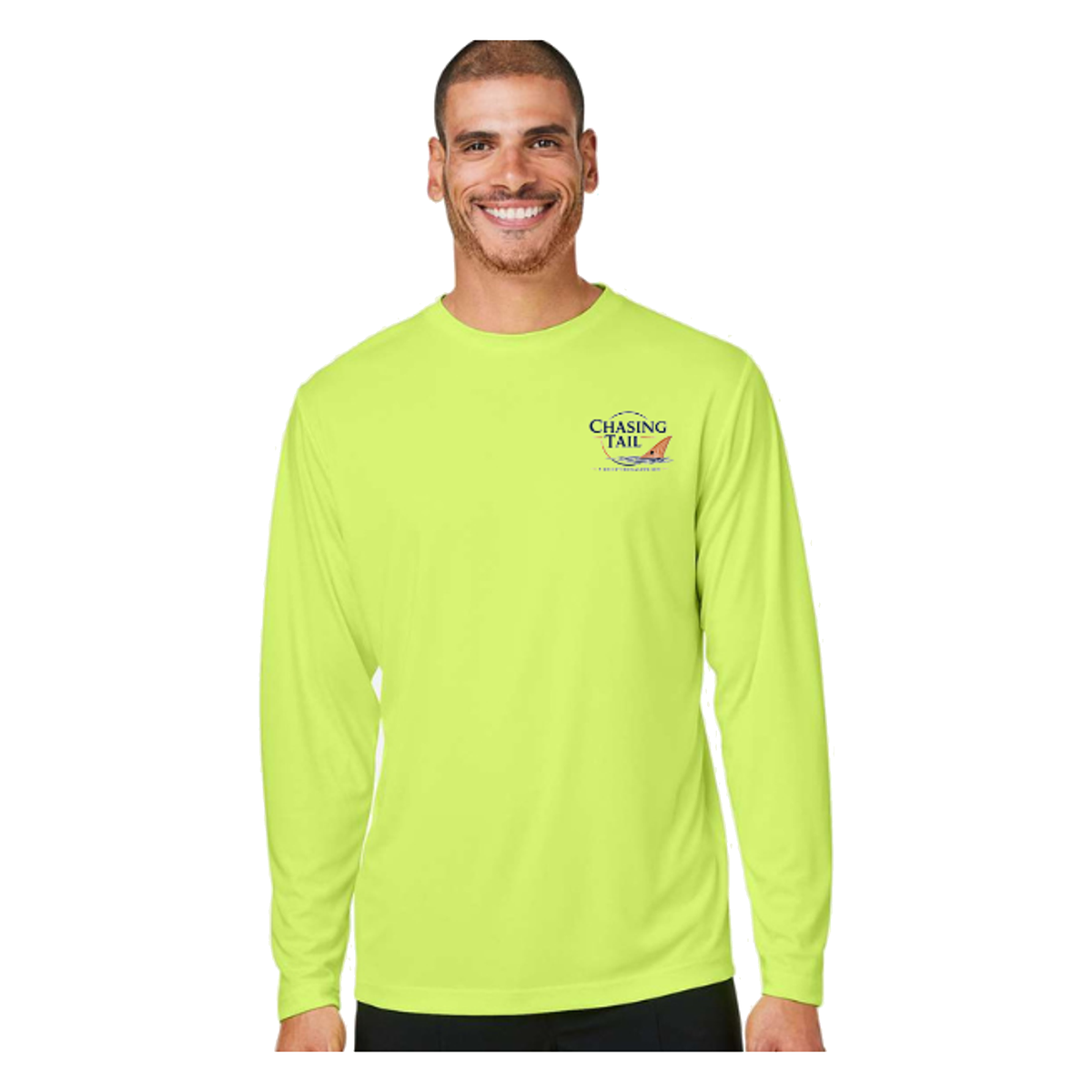 Diving Redfish LS in Safety Yellow, front view - mens long sleeve performance fishing shirt by Fishing The Shallows