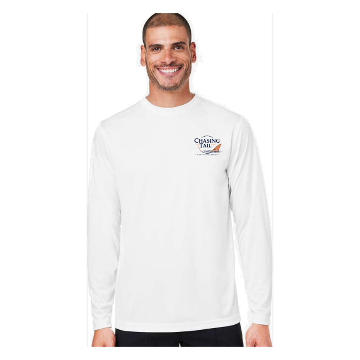 Diving Redfish LS in White, front view - mens long sleeve performance fishing shirt by Fishing The Shallows
