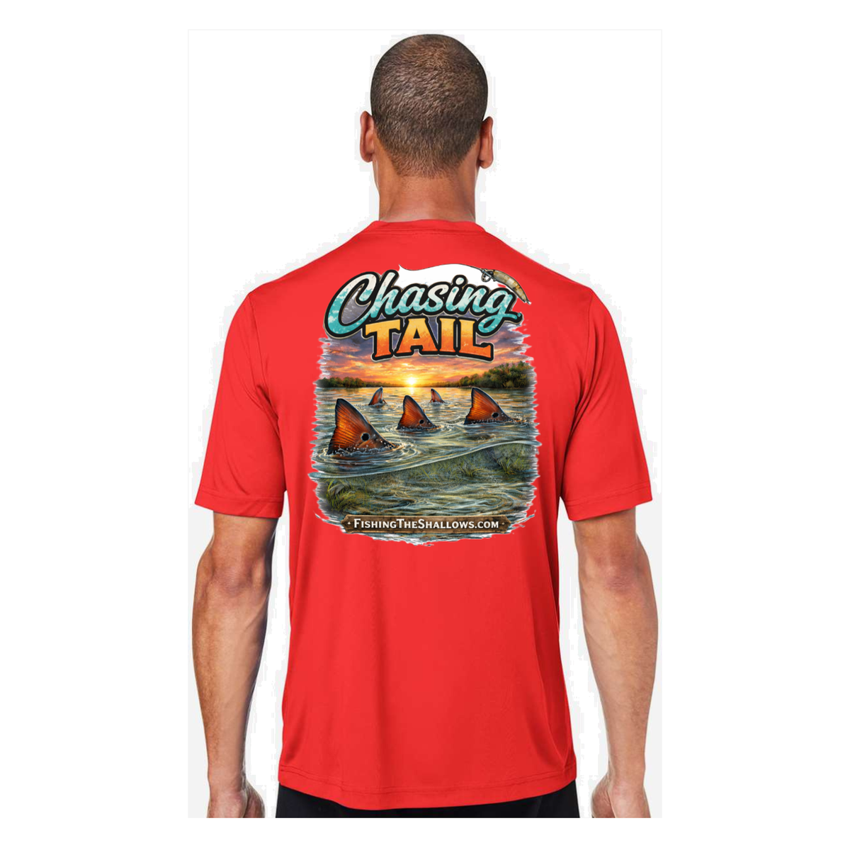 Chasing Tail SS in Marina Red, back view - mens short sleeve performance fishing shirt by Fishing The Shallows