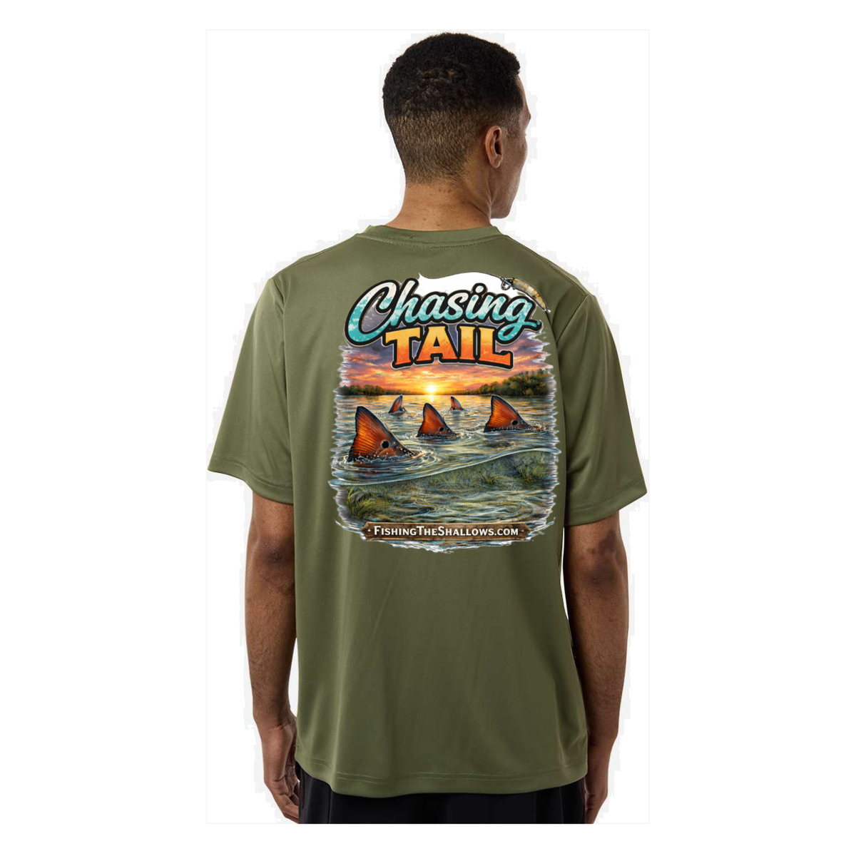 Chasing Tail SS in Military Green, back view - mens short sleeve performance fishing shirt by Fishing The Shallows