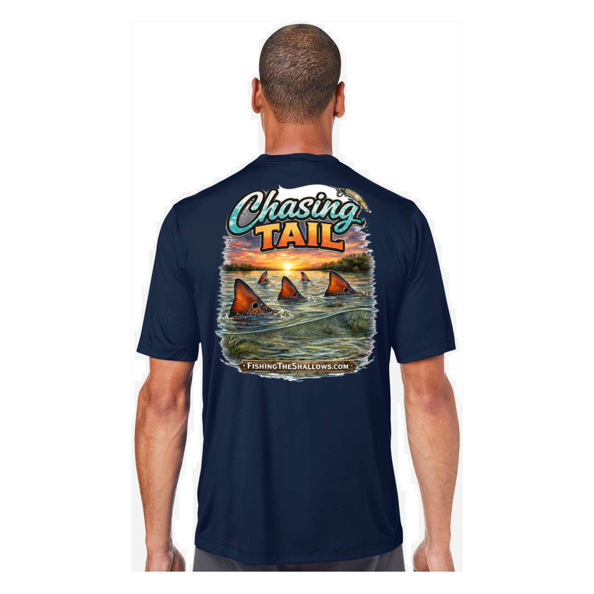 Chasing Tail SS in Classic Navy, back view - mens short sleeve performance fishing shirt by Fishing The Shallows