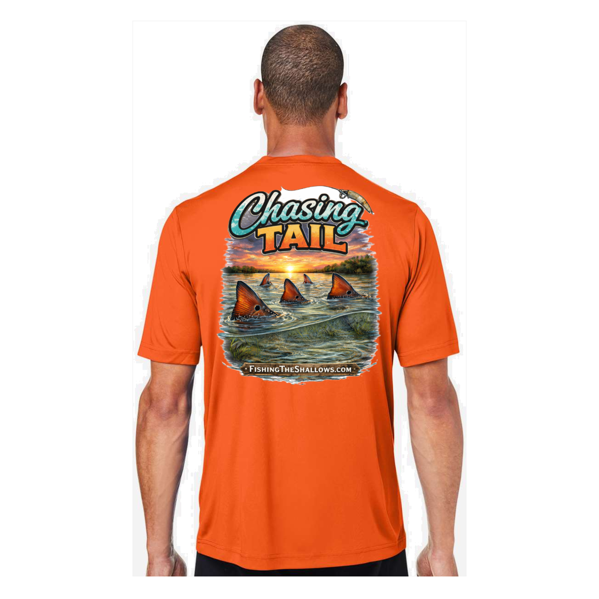Chasing Tail SS in Campus Orange, back view - mens short sleeve performance fishing shirt by Fishing The Shallows